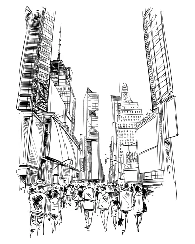 Line drawing of pedestrians walking between tall city buildings