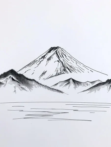 Minimal line drawing of Mount Fuji beyond lake and foothills