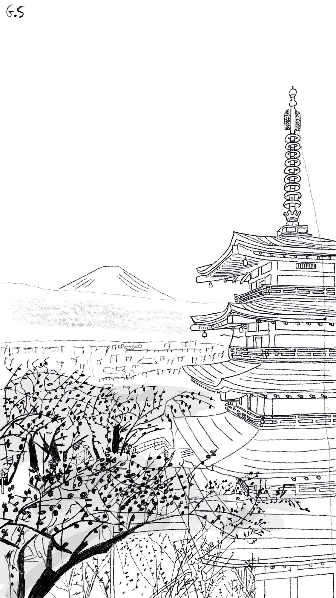 Line drawing of a Japanese temple, trees and distant mountain
