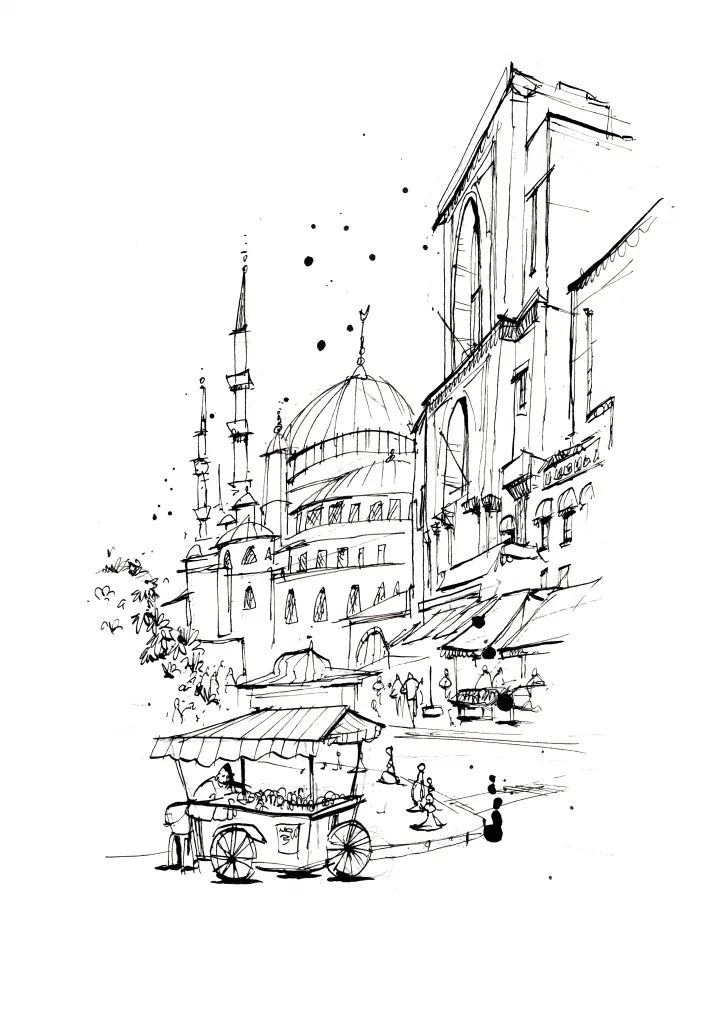 Loose architectural line drawing of an old city street and mosque